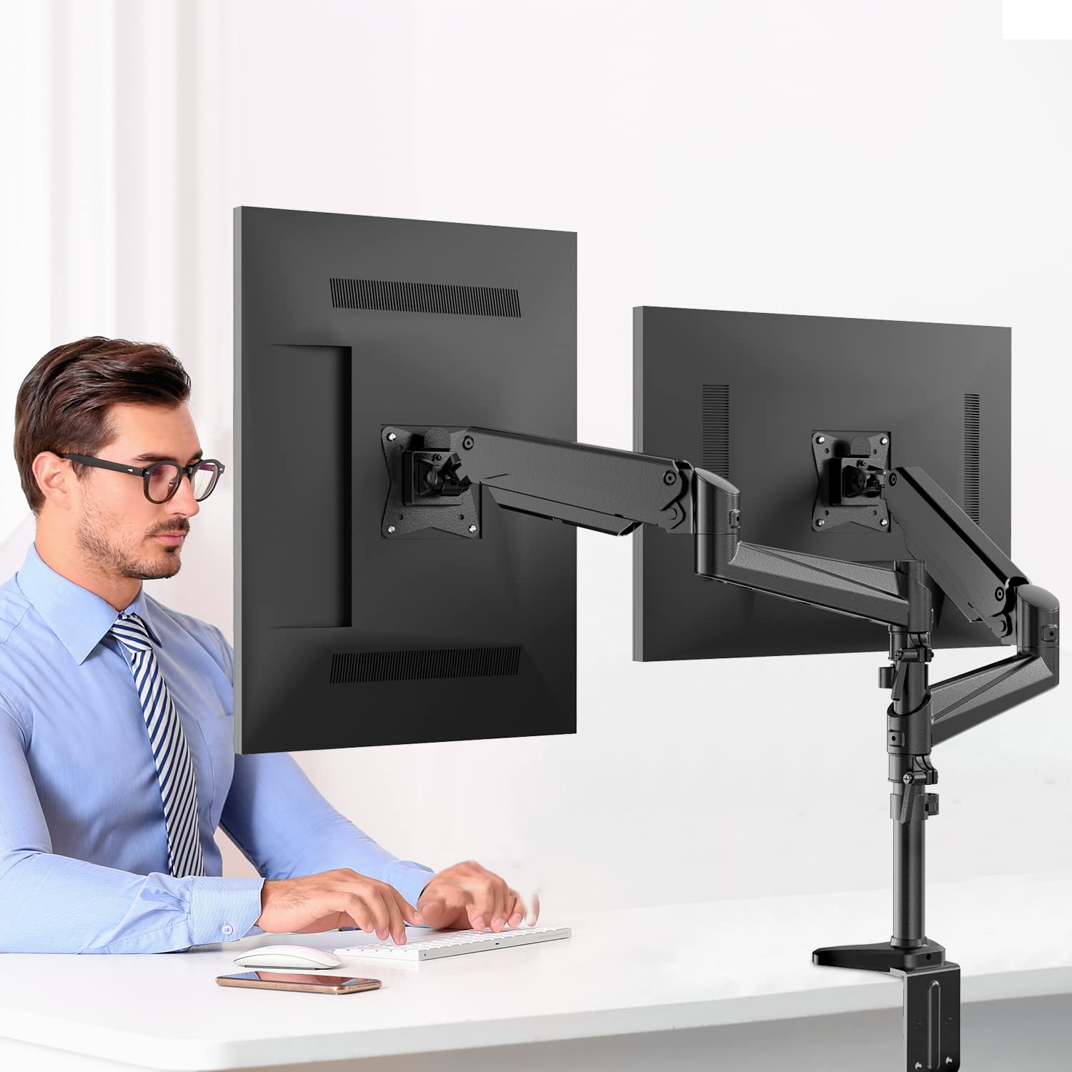 HUANUO Dual Monitor Mount Stand - Aluminum Gas Spring Arm Height Adjustable Monitor Desk Mount VESA Bracket for Two 17 to 32 Inch Flat / Curved LCD Computer Screens with C Clamp, Grommet Base, Black 6