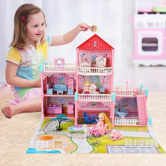 Pihura Dollhouse Building Toys, Playset with LED Lights, Movable Slides, Stairs, Furniture, Accessories, Dolls and Pets, Cottage Pretend Play House, DIY Creative Gift for Girls Toddlers (Medium) 4