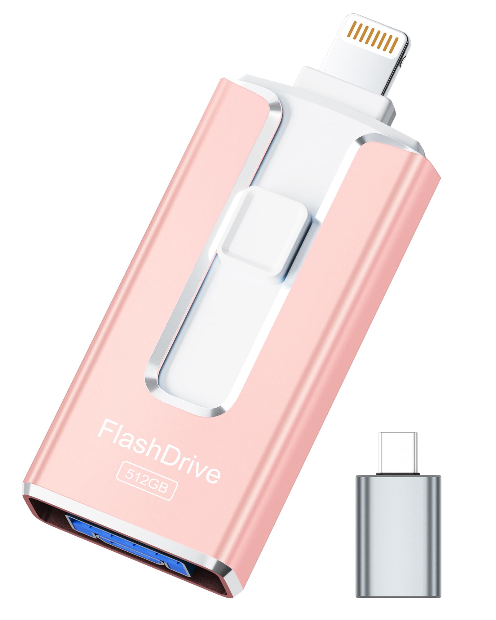 MFi Certified Flash Drive for iPhone iPad 512GB, Photo Stick for External Memory Storage, Easily Back Up and Save Photos Videos, USB Memory Stick Thumb Drive for iPhone/iPad/Android/PC (Rose Pink)