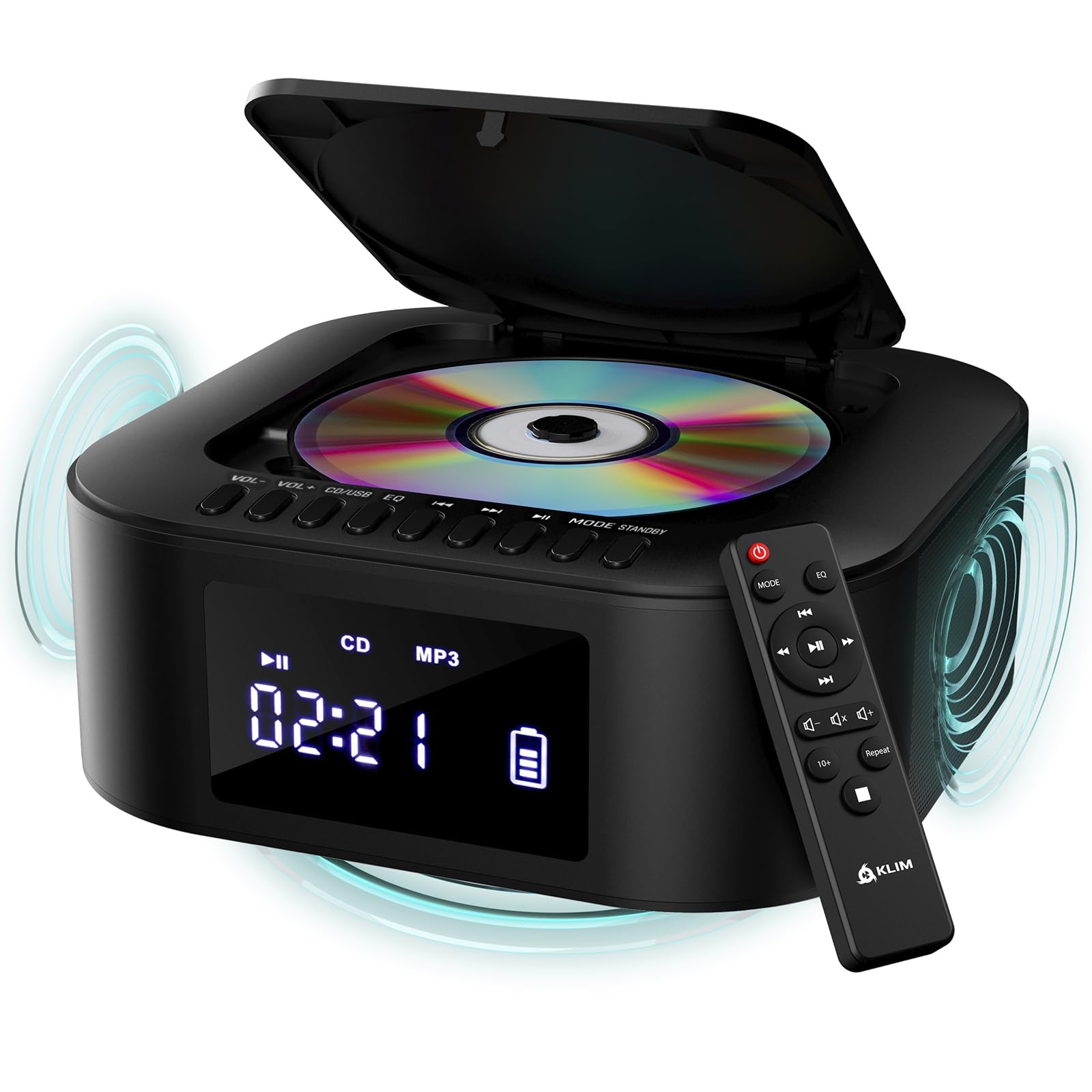 KLIM Boombox E1 – Portable CD Player with Subwoofer – Extra Bass, Bluetooth, FM Radio, USB, AUX, MP3 – Rechargeable Battery, Wired & Wireless Modes, Remote Control – Black/Silver 1