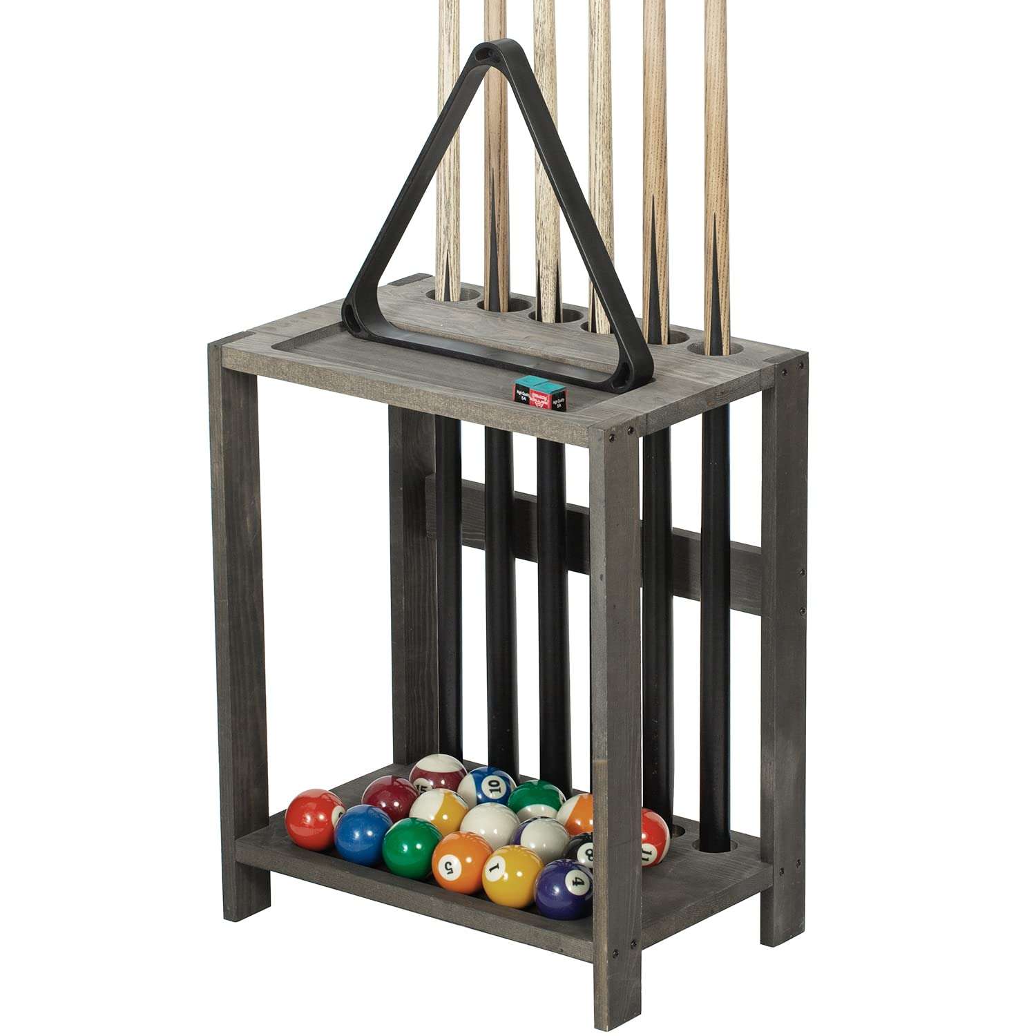 MyGift Vintage Gray Solid Wood Billiards Pool Cue Rack Floor Stand with Ball and Chalk Storage Holder Slots 1
