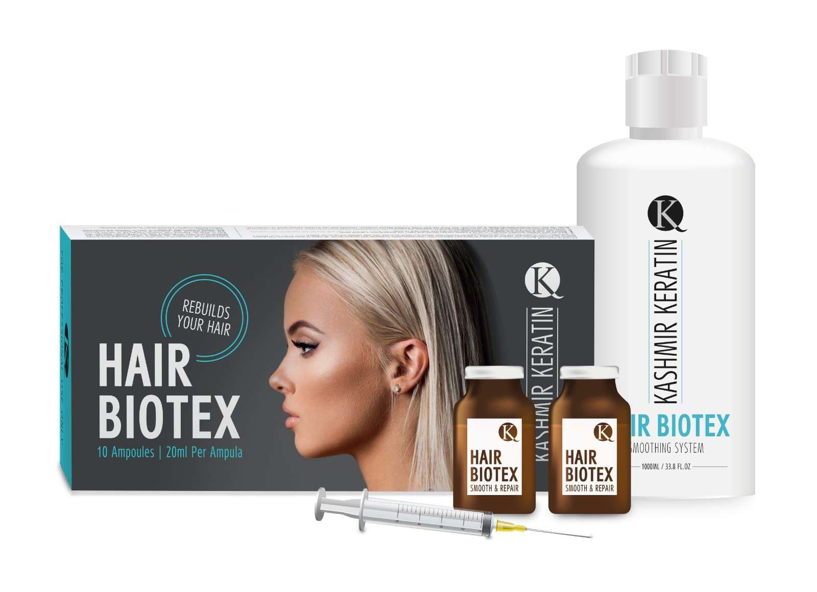 Kashmir Keratin Hair Biotex kit (33.8 fl oz) 1000 ml smoothing plus box of 10 ampuls 20 ml each total 200 ml 1