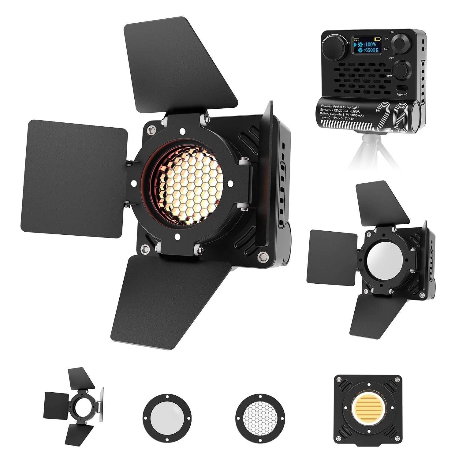 Takerers Bi-Color Video Light, 20W COB 5000mAh Portable Camera Photography Light, CRI 95+, 2700-6500K, 12 Light Effects, 8 Preset CCT, Magnetic Honeycomb Grid, Silicone Diffuser & Barn Door Included 1