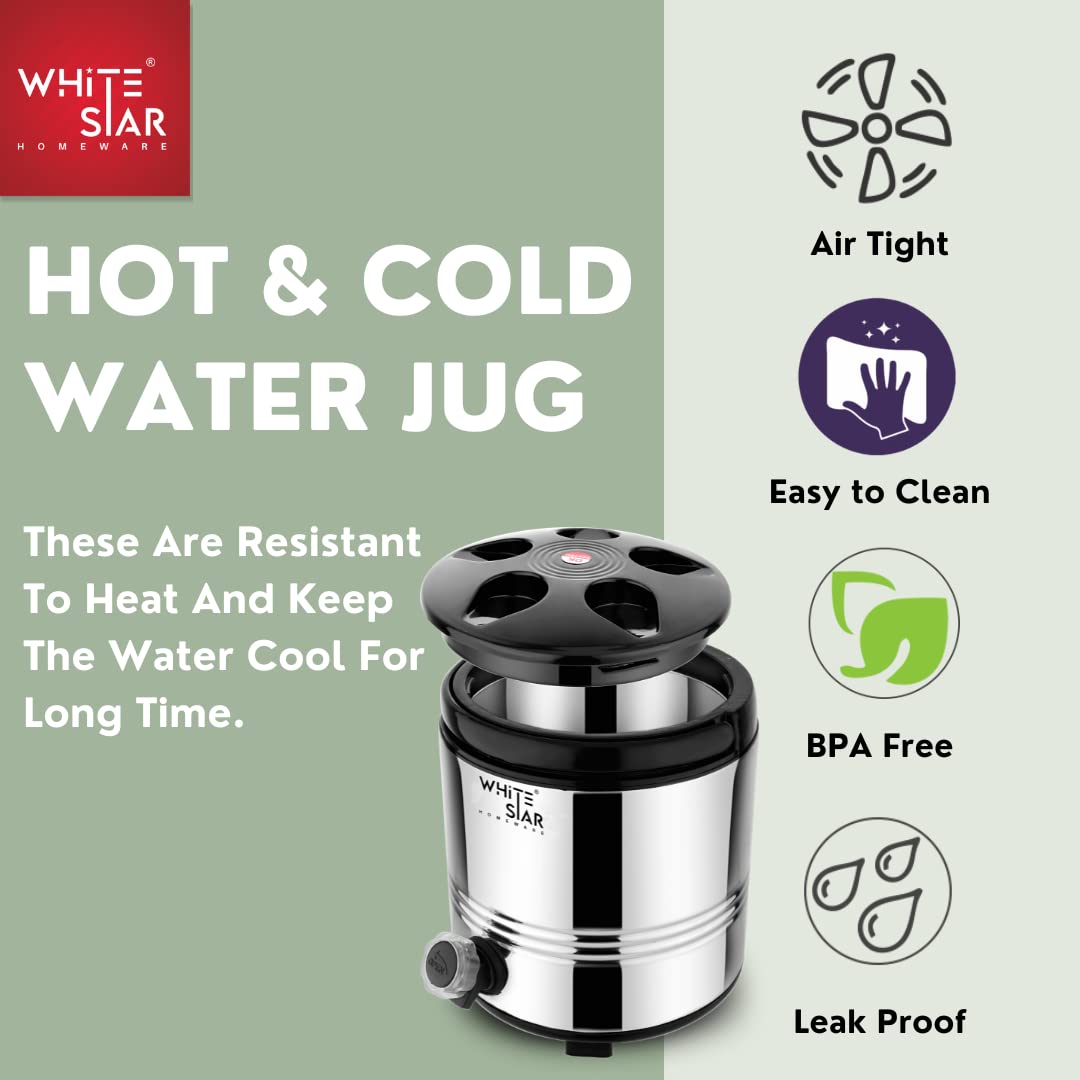 WHITESTAR Stainless Steel Office Water Dispenser 5 Liters of Water Storage Containers with Leak-Proof Tap I Hot and Cold Water Camper/Jug I PUF Insulated Thermosteel I Easy to Carry & Maintain 5