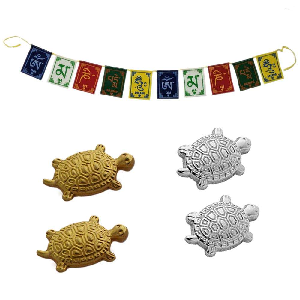 Divya Mantra Japanese Lucky Charm Money Feng Shui Turtles Home Decor 2 Pairs & Tibetan Buddhist Himalayan Nepali Positive Vibes 3 Feet Prayer Flags for Motorbike/Car Hanging Accessories - Multicolor 1