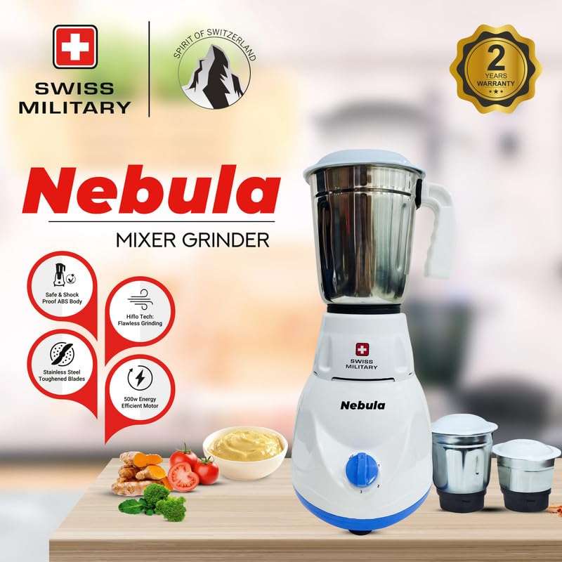 Swiss Military Nebula Juicer Mixer Grinder, 3 Stainless Steel Jars, ABS body and Premium Stainless Steel Blades, Auto Power Cut, 230 Volts, 500 Watts, 50Hz, 18,500 RPM Speed, 2 Year Warranty, White, 1 3