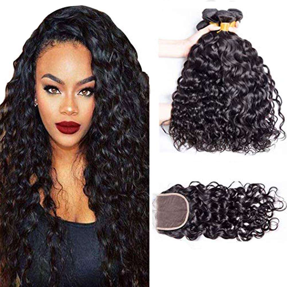 ALIMICE HAIR Water Wave 3 bundles with closure Brazilian 100% Human hair Weave bundles with 4x4 Closure Remy Hair extensions Can be dyed, 14/16/18+14 Inch 1