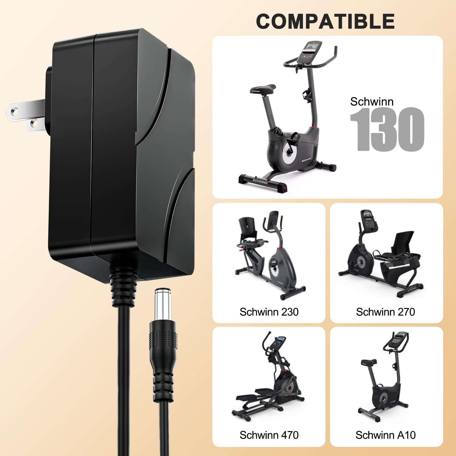 Charger for Schwinn 170 230 270 101 130 150 A10 A20 420 460 470 202 220 240 Stationary Bike Power Cord for Exercise Elliptical Replacement Upright Trainer Power Cord with 6Ft 3