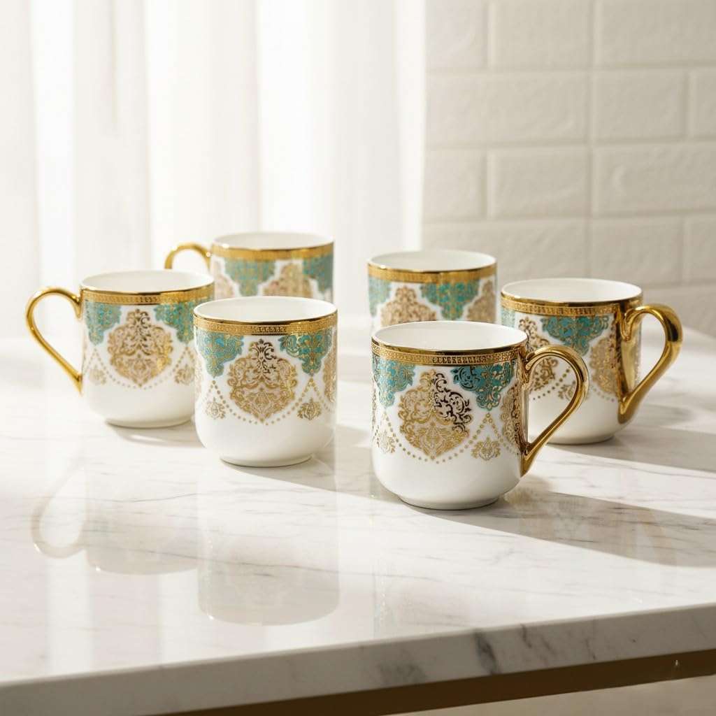 Femora Premium Ceramic Royal Crowned Coffee & Tea Cup | Finest Premium for Tea/Coffee/Hot Drinks | Set of 6 | Capacity- 180 ML | (Not Microwave Safe) 1