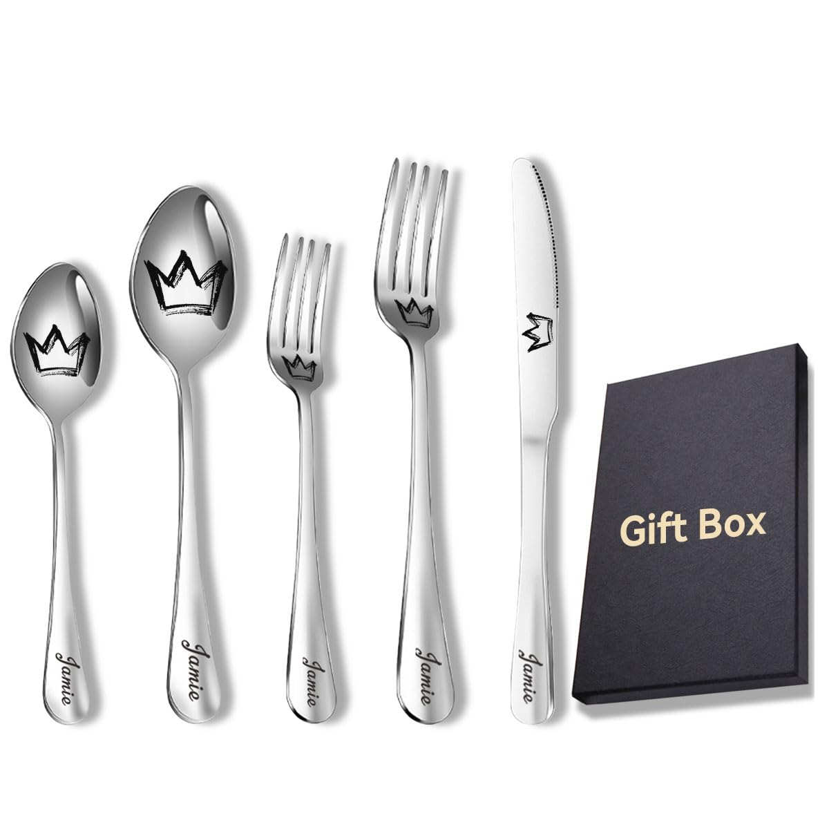Customized Silverware Set with Gift Box 5-Pieces Engraved Stainless Steel Flatware Set Custom Dinner Forks/Knives/Spoons Personalized Cutlery Set Mirror Finish Dishwasher Safe