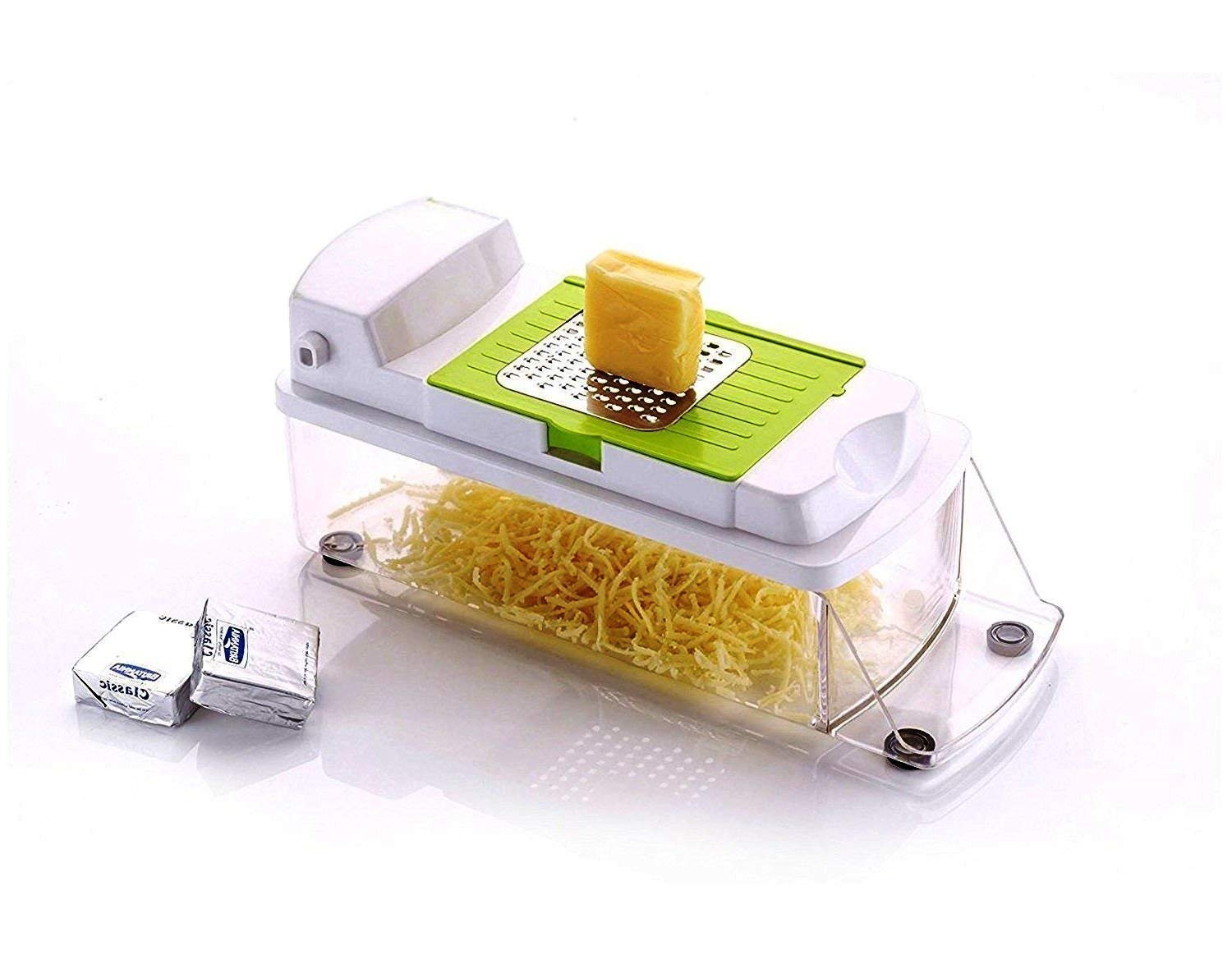 BE MALL Multi-Purpose Vegetable and Fruits Grater, Chipser Chopper, Slicer, Cutter and Dicer with 11 Stainless Steel Blades and 1 Pillar, Vegetable Chopper for Kitchen (Green) 3