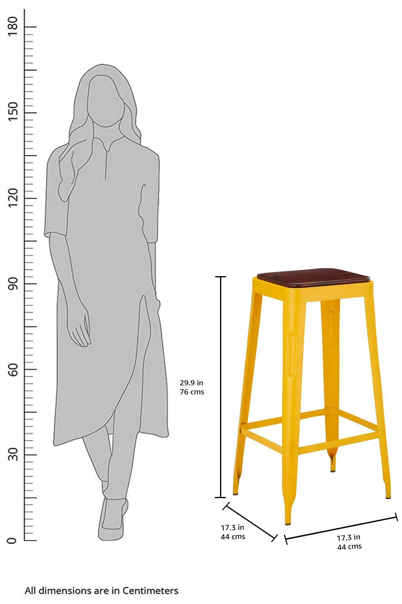 Amazon Brand - Solimo Demmitt Iron 1 Seater Stool with a Wooden Top (Yellow Finish) (Pack of 2) 4