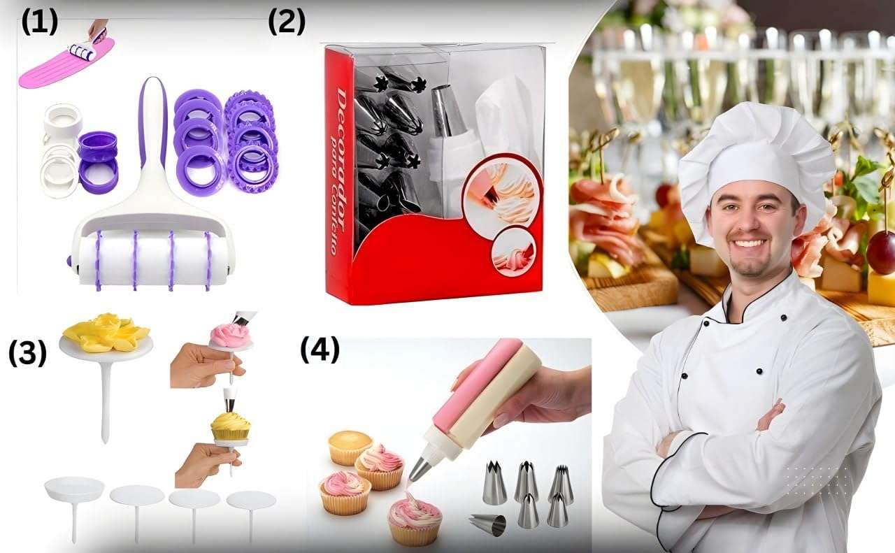 Breewell Cake Flower Nails, Ribbon Cutter, Cake Cream Pastry Decorating Bottle with Stainless Steel Nozzle 4 Combo Set 3