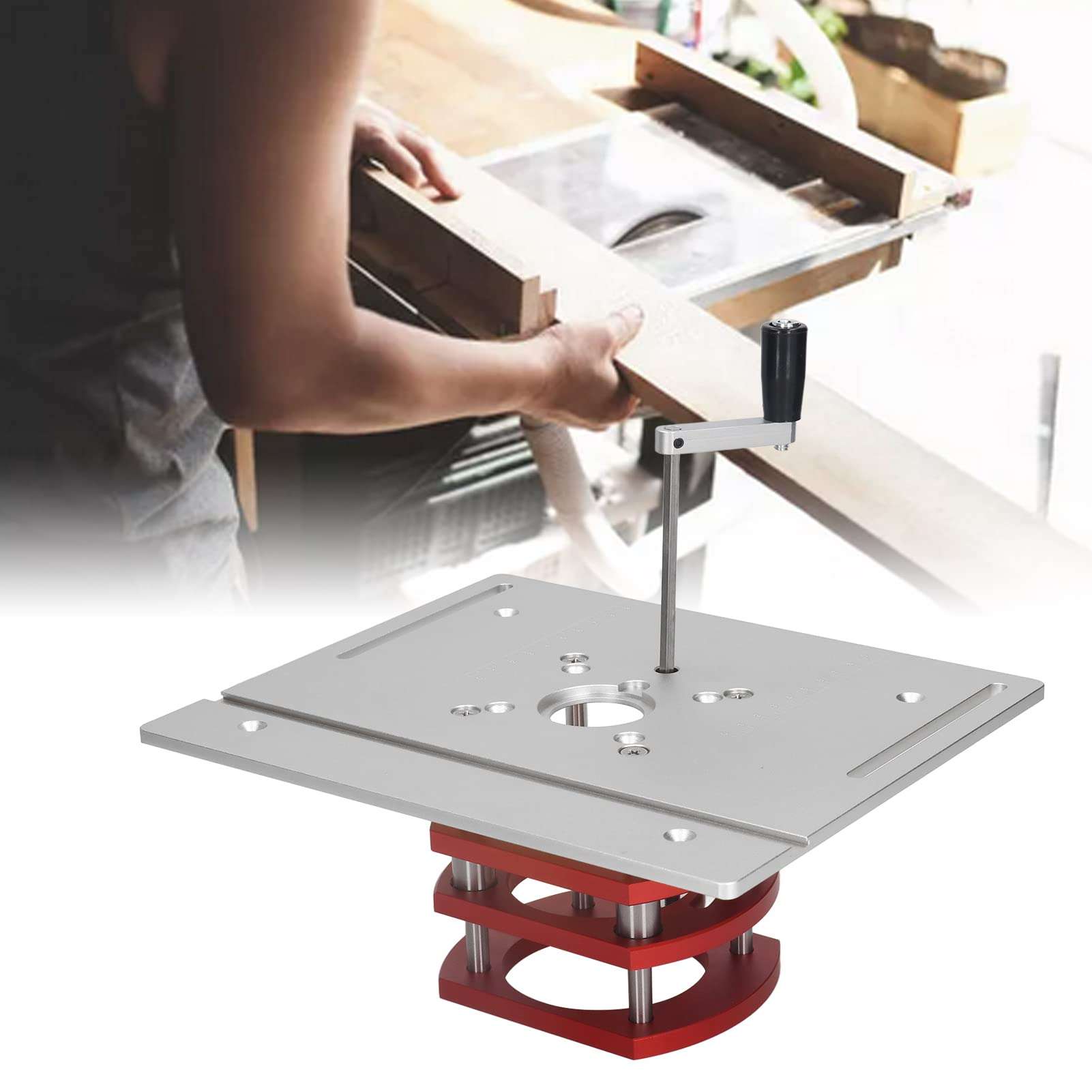 Router Lift, Manual Lifting Router Lift System Kit Router Table Saw Insert Base Plate for Trimming Machines with Motor Diameter Between 64~66mm / 2.52~2.6in (Sliver) 3