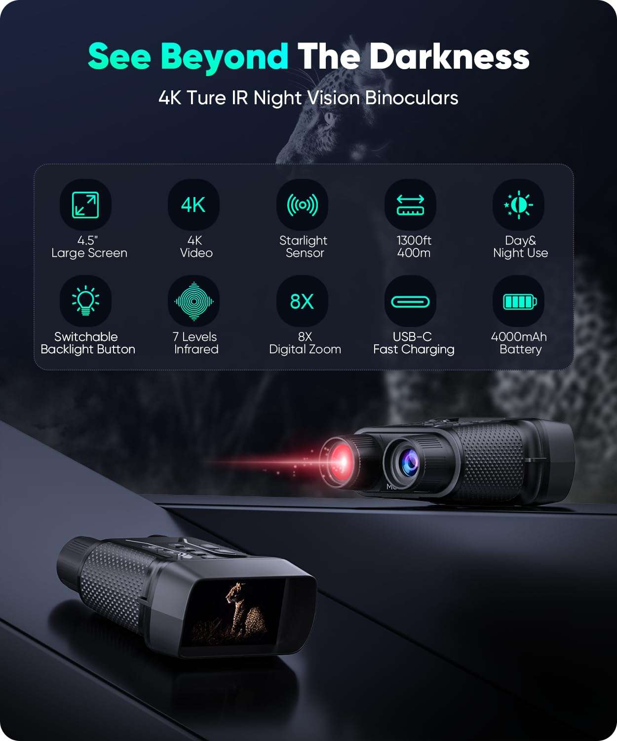 MoonFox Night Vision Goggles - 4K Night Vision Binoculars for Adults, 4.5'' HD Screen with 8X Digital Zoom, Includes 32GB TF Card to Save Photos and Videos, Ideal for Camping, Hunting & Security 3