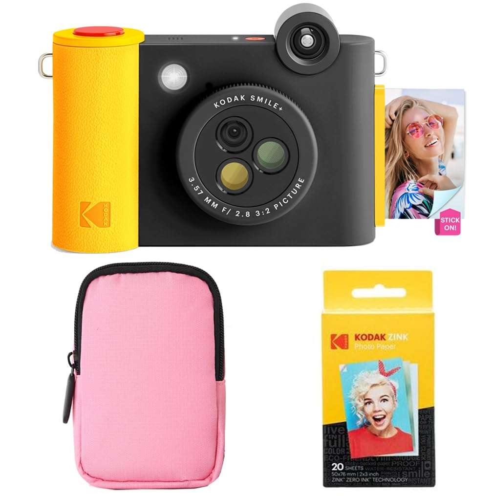 KODAK Smile+ 2-in-1 Digital Instant Print Camera & Wireless Bluetooth Photo Printer Starter Bundle + Soft Case + Zink 20pk Sticky-Back Photo Paper - 10MP, Special-Effect Rotating Lens - Black 2