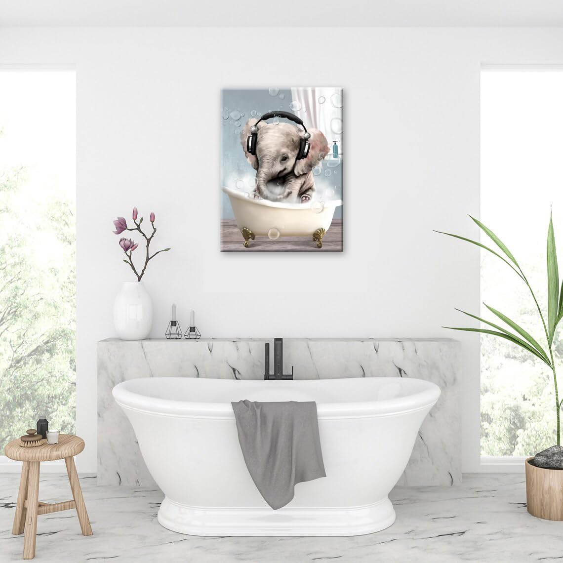 Kids Bathroom Wall Decor Art for Elephant Wall Art Canvas Bathroom Pictures Cute Farmhouse Animal in Bathtub Modern Bath Headphones Music Painting Accessories Home Decor 5