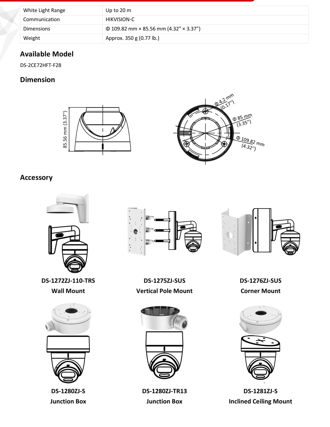DS-2CE72HFT-F28 5MP Color-Vu Fixed Turret Camera, Analog BNC Security Camera, Turbo HD Dome, 4 in 1 TVI/CVI/AHD/CVBS, 2.8MM Lens, 130 dB WDR, 3D DNR, IP67 Rated 4