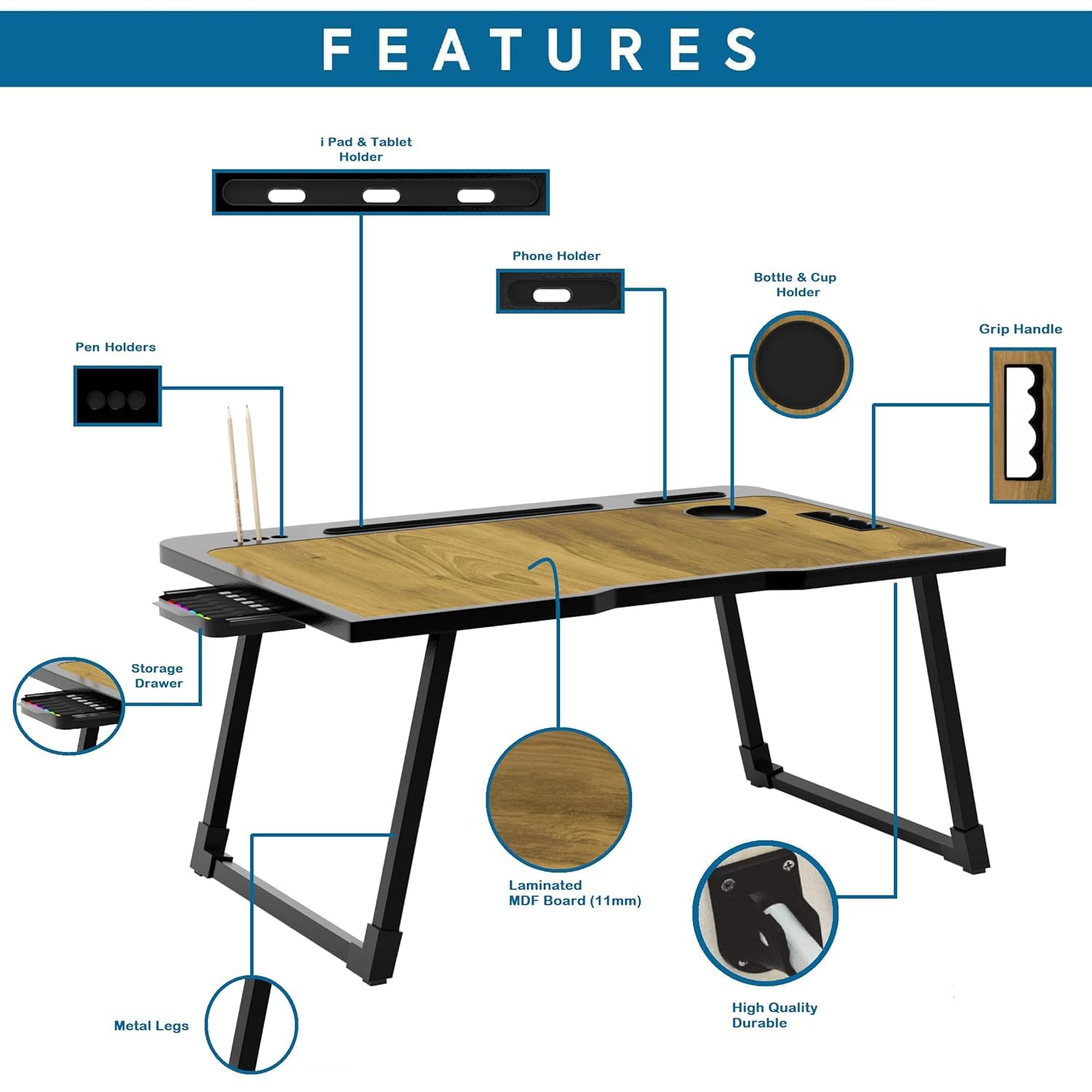 Radiant Multipurpose Foldable Laptop Table, Cup Holder, Drawer, Mac Holder, Study Table, Breakfast Table, Portable, Ergonomic, Rounded Edges, Non-Slip Legs (Wooden) 4