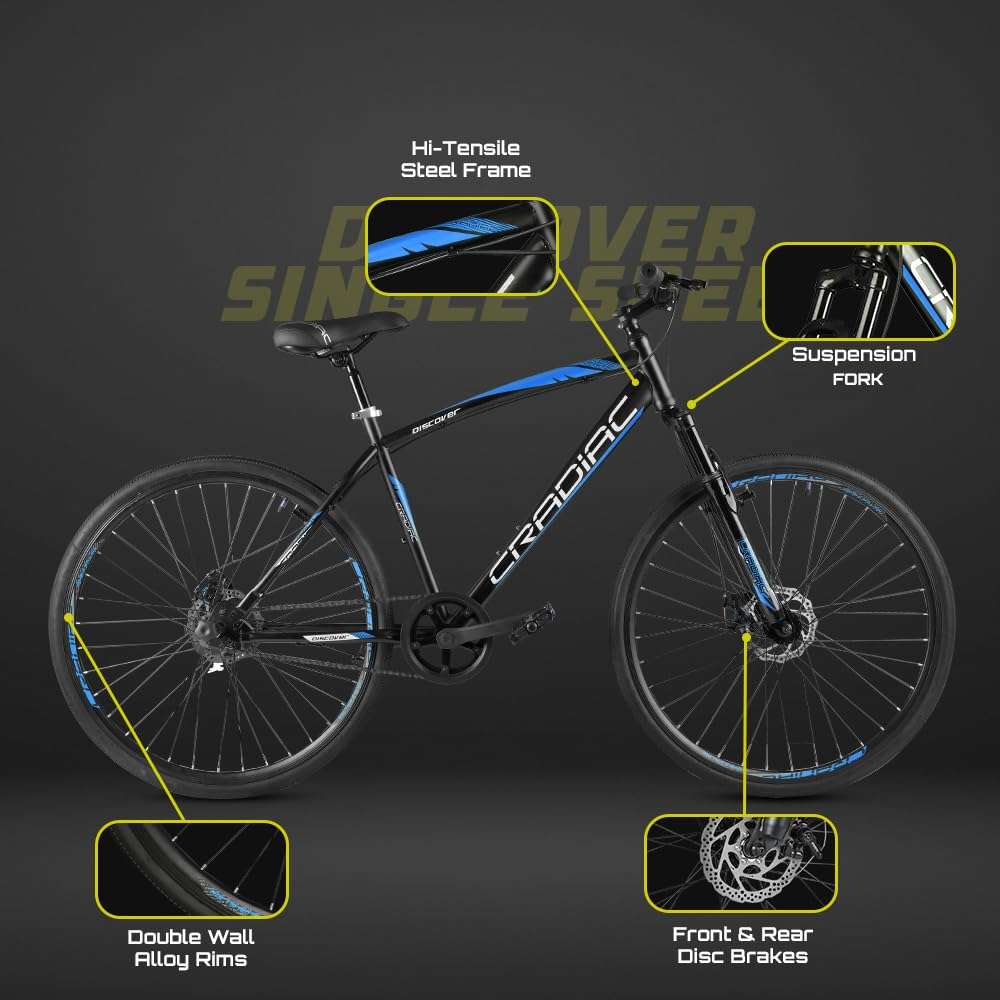 CRADIAC - Discover Pro | 700 * 35 C Hybrid Bike | Single Speed | Double Disc Brakes | Unisex, Front, Blue 5