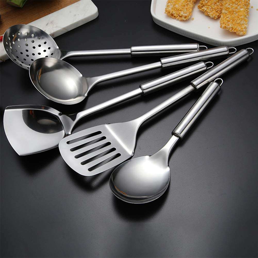5 Pcs Stainless Steel Cooking Utensils Set Heat Resistant Kitchen Gadgets Utensil Set Includes Slotted Spoon, Slotted Spatula, Large Spoon, Soup, Spatula 2