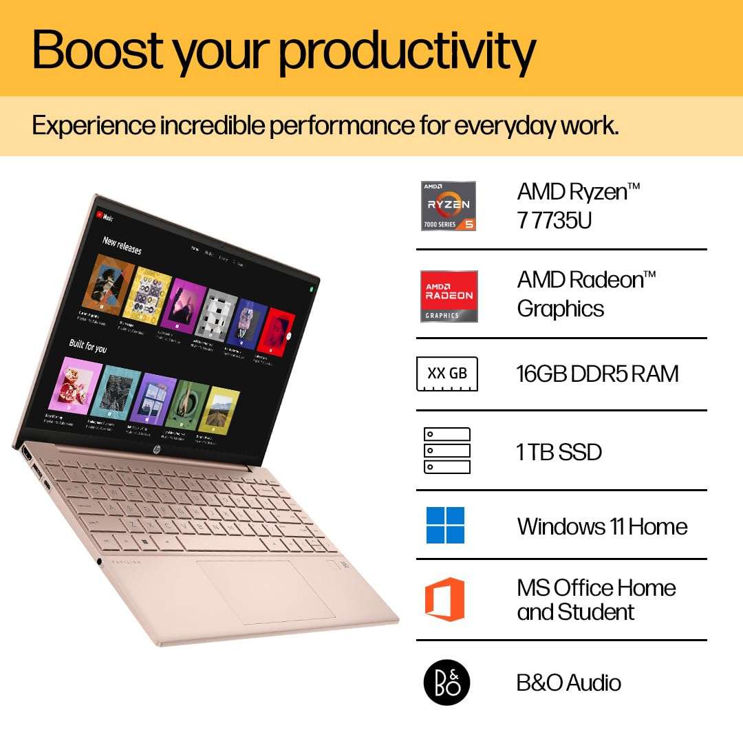 HP Pavilion Aero AMD Ryzen 7 7735U 13.3 inch(33.8cm) WUXGA IPS Micro-Edge Laptop(16GB RAM/1TB SSD/AMD Radeon Graphics/Win 11/MSO/Backlit Keyboard/B&O/FPR/Alexa/Rose Gold/970 grams) 13-be2046AU 3