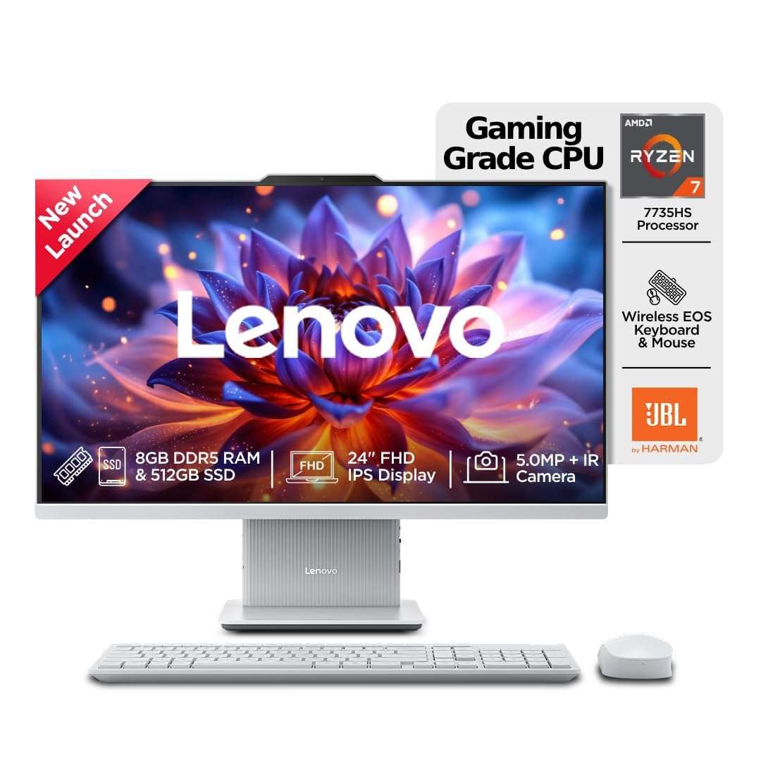 Lenovo Ideacentre AIO AMD Ryzen 7 7735HS 23.8" FHD IPS All-In-One Desktop(16GB RAM/512GB SSD/Win11/Microsoft 365 Basic + Office Home 2024/3Wx2 Speakers/5MP Camera/Wireless Keyboard & Mouse),F0HR008YIN 1