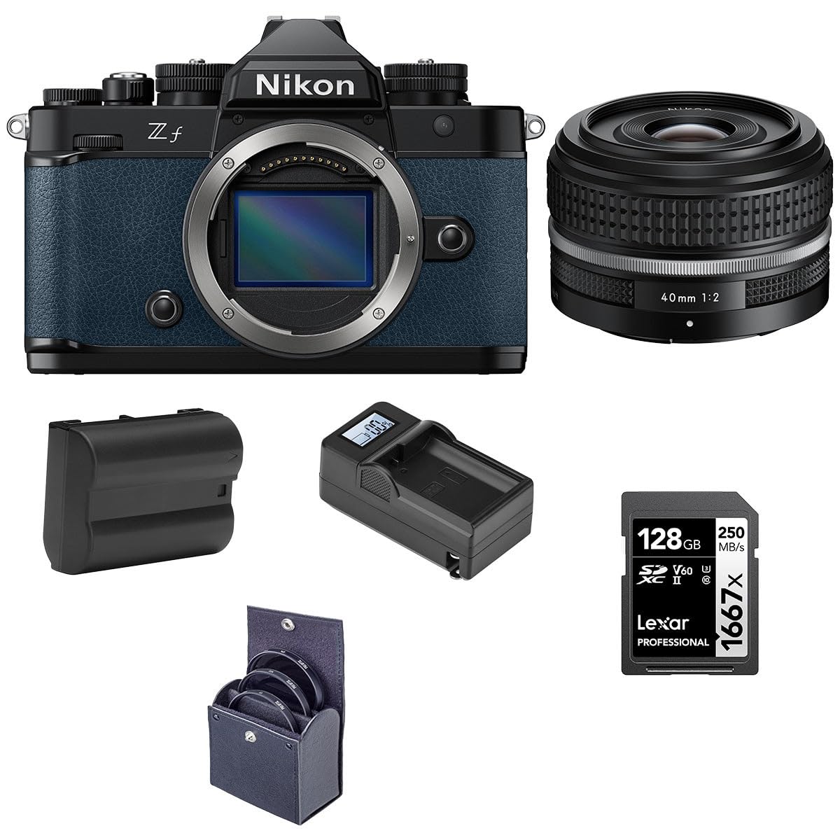 Nikon Z f Mirrorless Camera, Blue with NIKKOR Z 40mm f/2 SE Lens, Bundle with Battery, 128GB Memory Card and 52mm Filter Kit 1