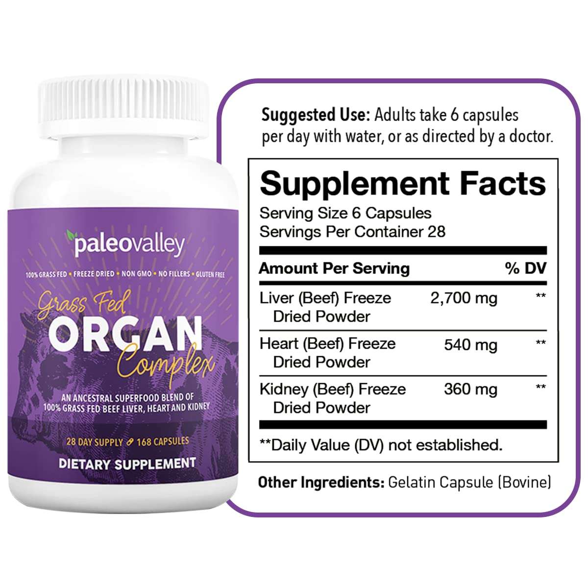 Paleovalley Grass Fed Beef Organ Complex - Freeze-Dried Beef Liver, Heart, and Kidney Blend, 1 Bottle 3