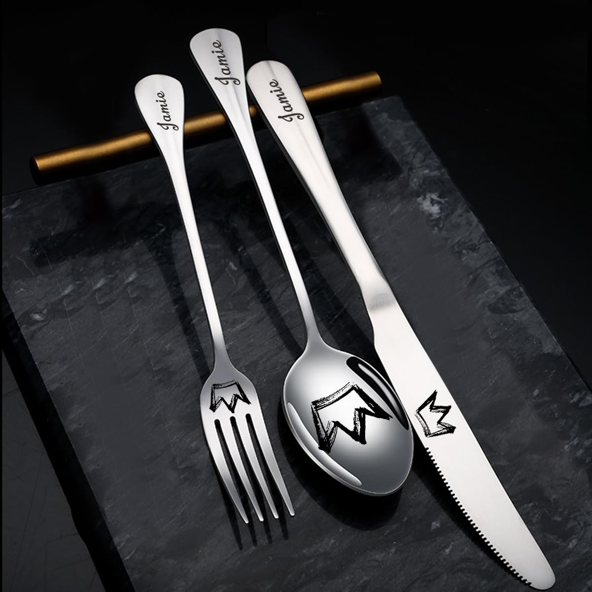 Customized Silverware Set with Gift Box 5-Pieces Engraved Stainless Steel Flatware Set Custom Dinner Forks/Knives/Spoons Personalized Cutlery Set Mirror Finish Dishwasher Safe 5