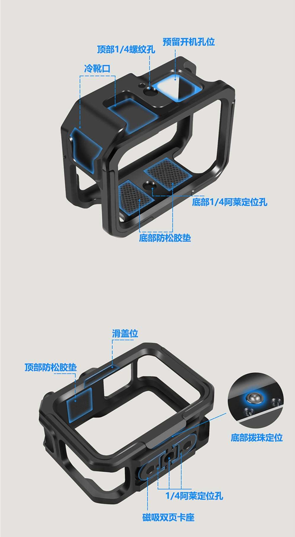 Aluminum Protective Frame Case Cage Housing Double Cold Shoe Mount Compatible with Gopro Hero 11 10 9 Black Action Cameras 5