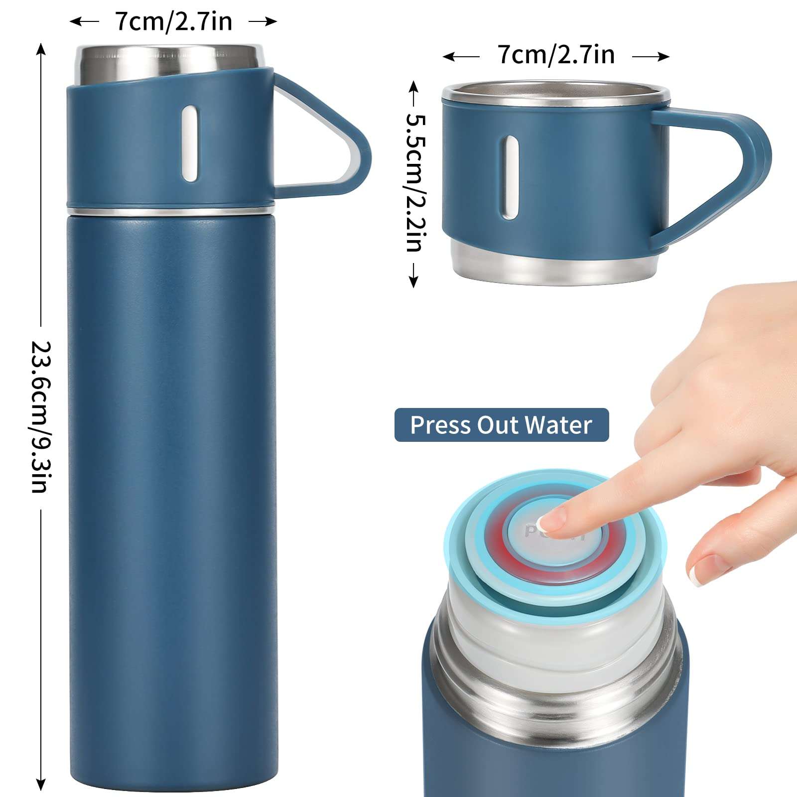 MUCR 500ml/17 OZ Stainless Steel Coffee Thermo Vacuum Flask Set, Insulated Water Bottle with Three Cup for Hot and Cold Drinks, Blue 3