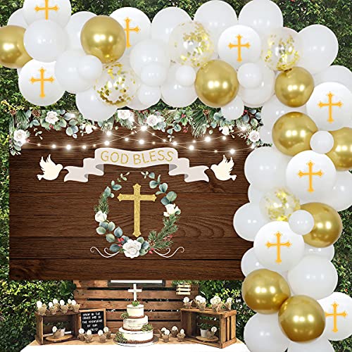 Funmemoir Baptism Party Decorations White And Gold First Holy Communion Decorations For Boys Girls Balloon Garland Kit With Rustic Wood Backdrop, God Bless Christening Decorations For Party 1