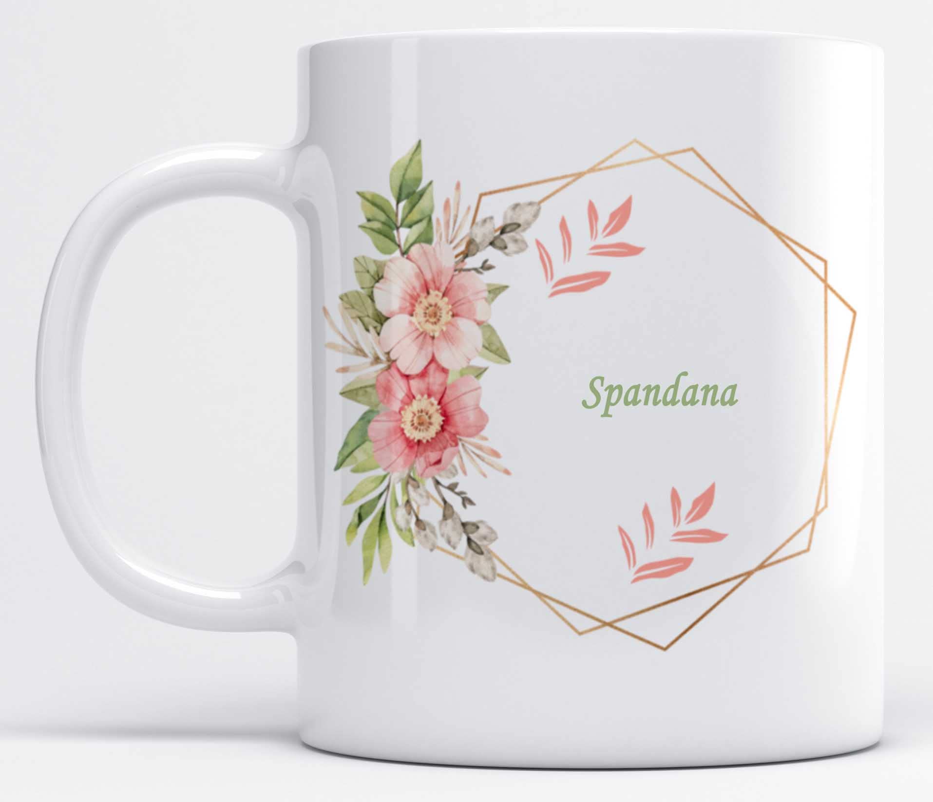 LOROFY Name Spandana Printed Green & Pink Beautiful Floral Design White Ceramic Coffee Mug (350ML) 1