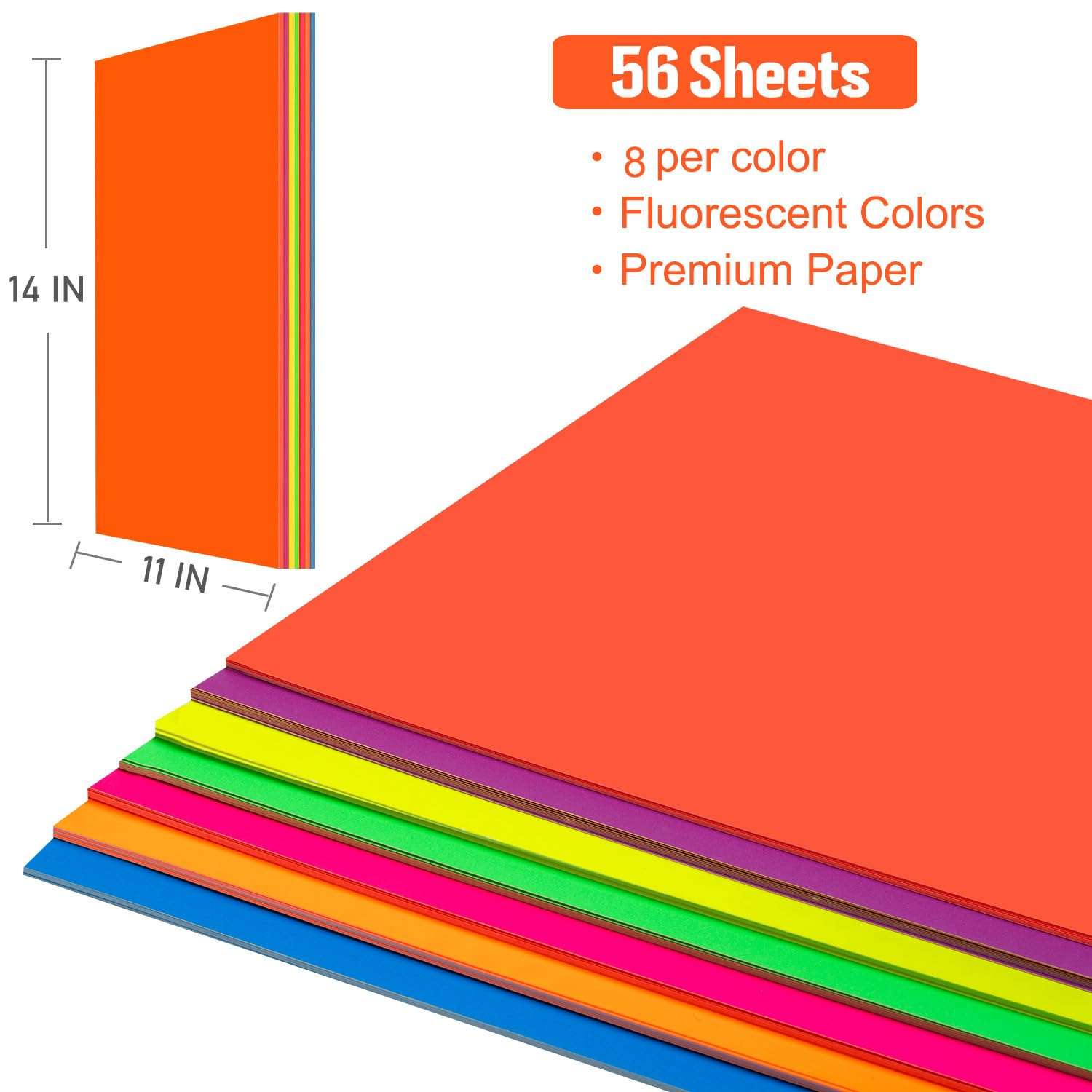 Poster Board 11 x 14 Inches,56 Sheets Neon Paper 7 Color Fluorescent Paper Bright Cardstock 250 GSM/90 lb Heavyweight Projects School Science Fair Event Displays and Business Presentations 6
