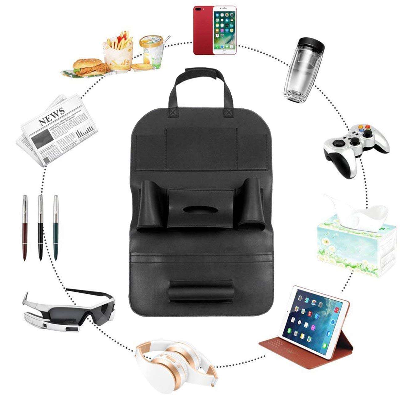 Oshotto Car Backseat Storage Organizer Phone Holder,Multi-Pocket for Bottles, Tissue Boxes,Kids Toy Storage and Great Travel Accessory Compatible with Honda Brio (Black) 3