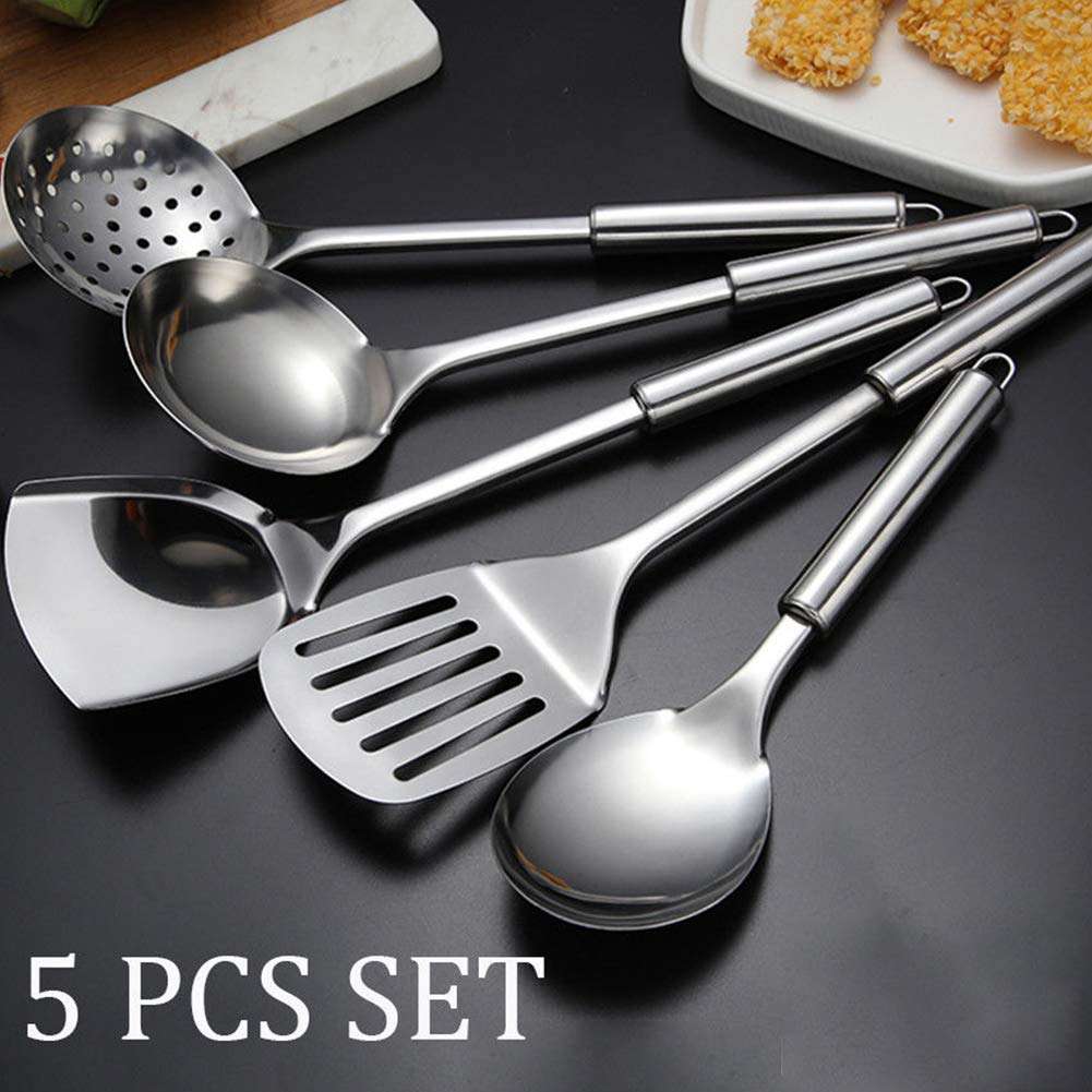 5 Pcs Stainless Steel Cooking Utensils Set Heat Resistant Kitchen Gadgets Utensil Set Includes Slotted Spoon, Slotted Spatula, Large Spoon, Soup, Spatula 6