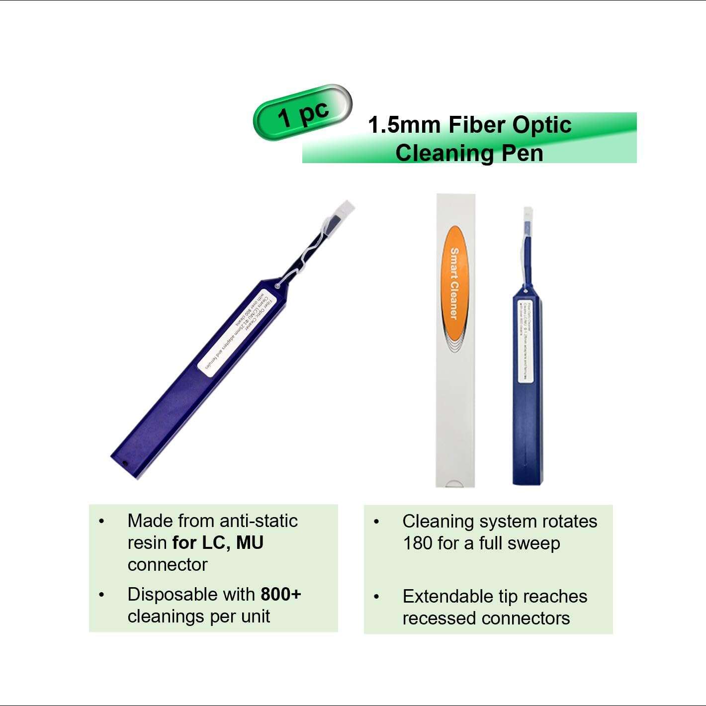 QIIRUN Fiber Optic Cleaning Kit FTTH Optical Fiber Cleaner Tools with Fiber Cleaning Cassette for FC SC ST LC MU Connectors, 1.25mm/2.5mm Fiber Cleaner Pens, Cleaning Swabs Wipes 5
