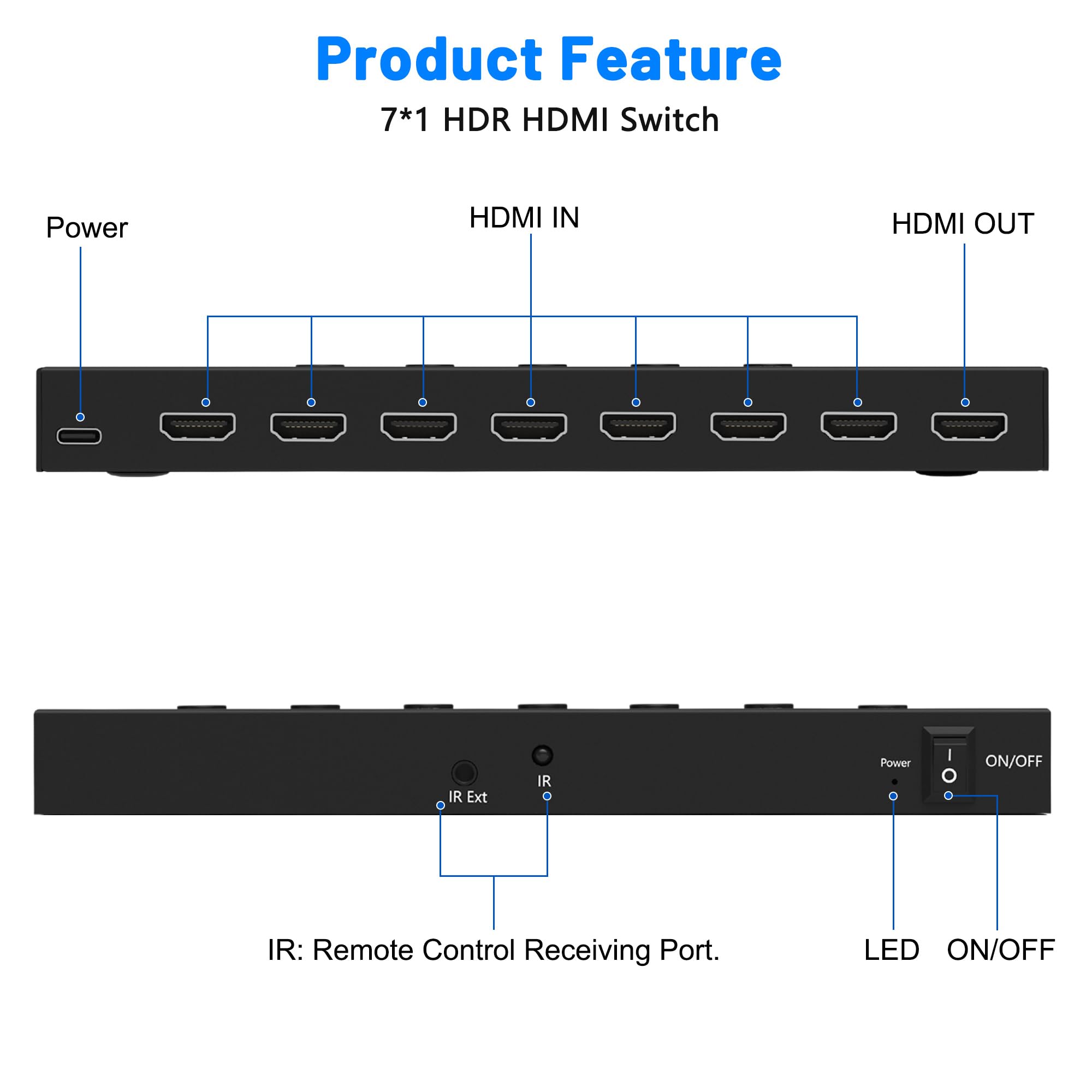 4K@60Hz 7 in 1 Out HDMI Switch, 7 Port HDMI Switcher Selector Support HDR10 & HDCP 2.2 & Full 3D with IR Remote Control and ON/Off Switch for Nintendo Switch,Xbox PS5/PS4,Fire Stick,Roku,Apple TV 5