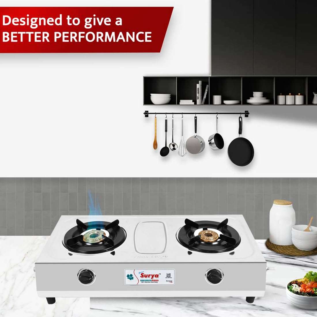 GOLDEN SURYA Manual Ignition Premium Stainless Steel High Efficiency 2 Burner Gas Stove, 18 Months Warranty, Chula Gas, ISI Certified, With Electronic Gas Lighter Free (Kristal) 6