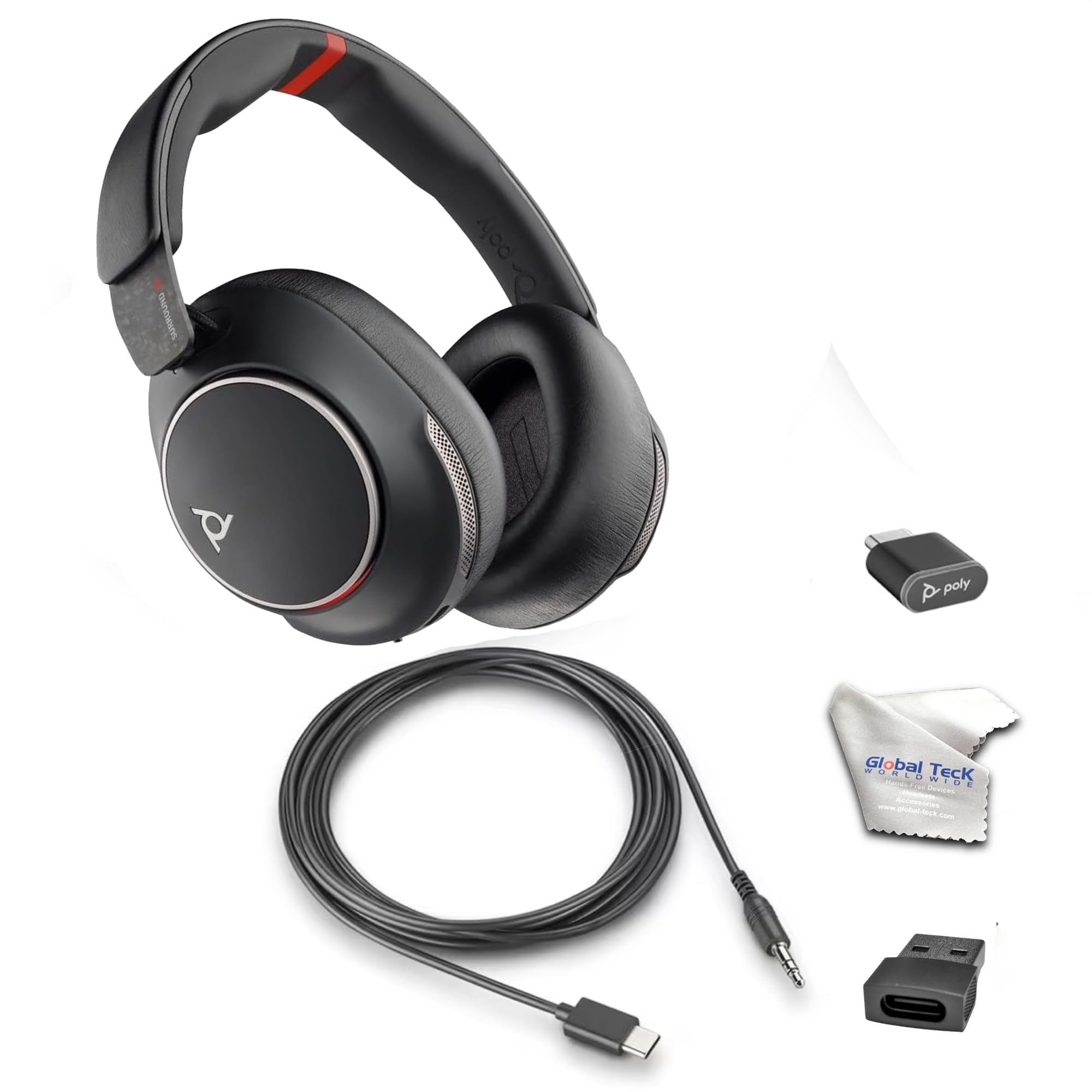 Poly Voyager Surround 85 UC USB-C Bluetooth Boomless Noise-Canceling Wireless Headset with Charging Stand & GTW Microfiber Cloth - Compatible with Smartphones, Tablets, PC/MAC, Open Office Certified 1