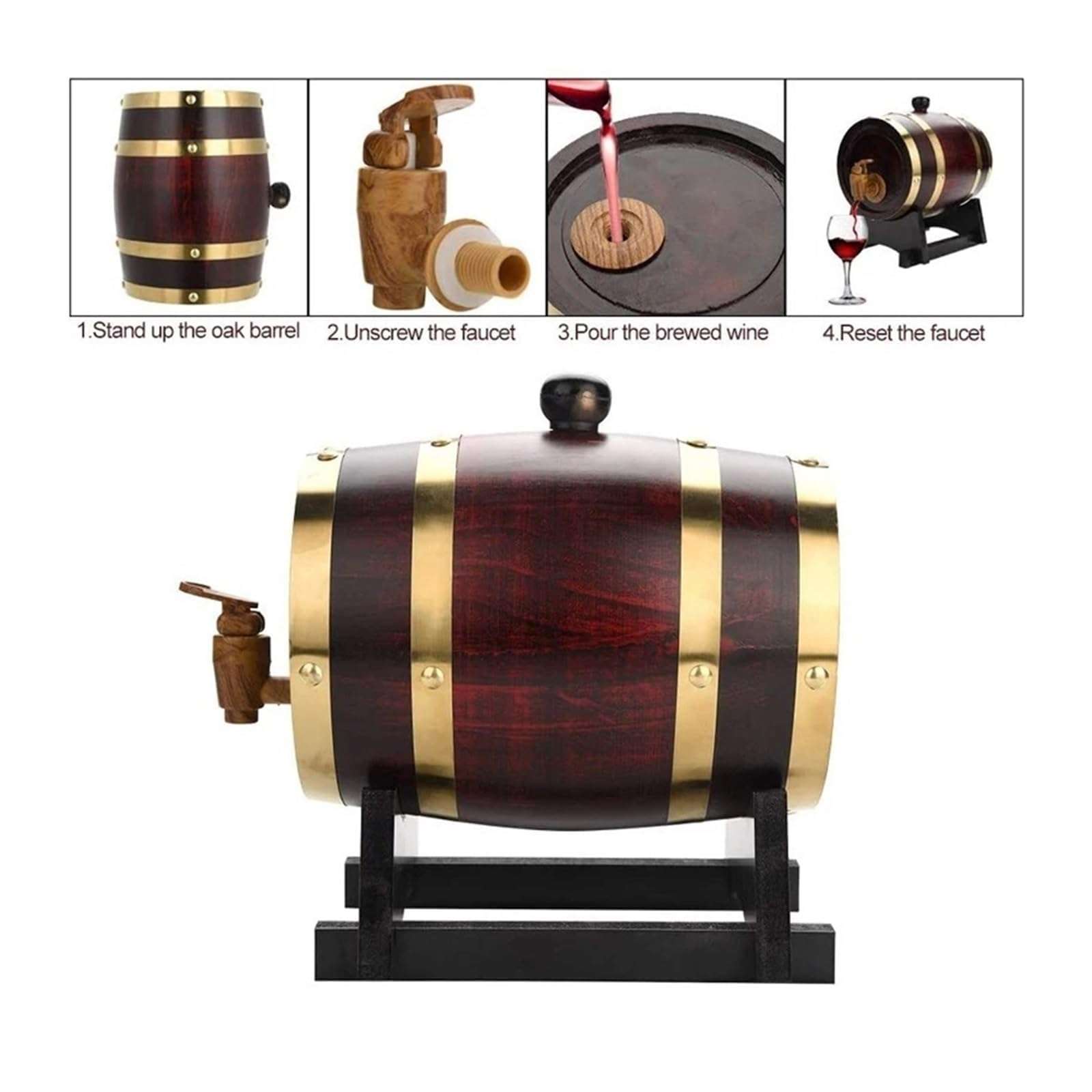 Home Brew Beer Keg 3L Wood Barrel Vintage Oak Beer Brewing Tools Tap Dispenser For Rum Pot Whisky Wine Mini Bar Tools(Metal faucet 4) 4