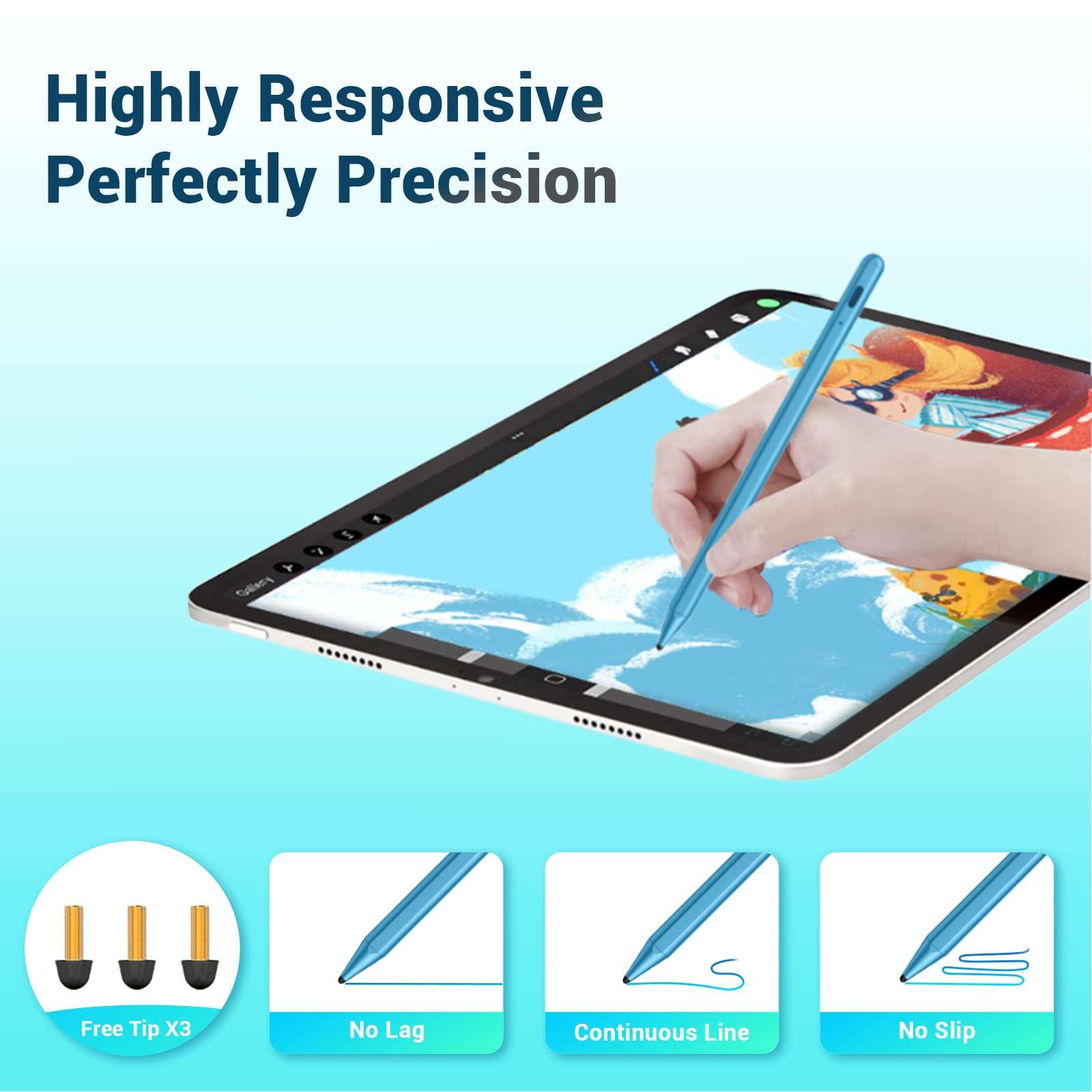 Stylus Pen for Apple iPad Pencil - Pen for iPad 10th 9th 8th 7th 6th Generation Palm Rejection for Apple Pen Compatible 2018-2022 iPad Mini 6th 5th iPad Air 5th 4th 3rd Gen iPad Pro 11-12.9 Inch Cyan 6