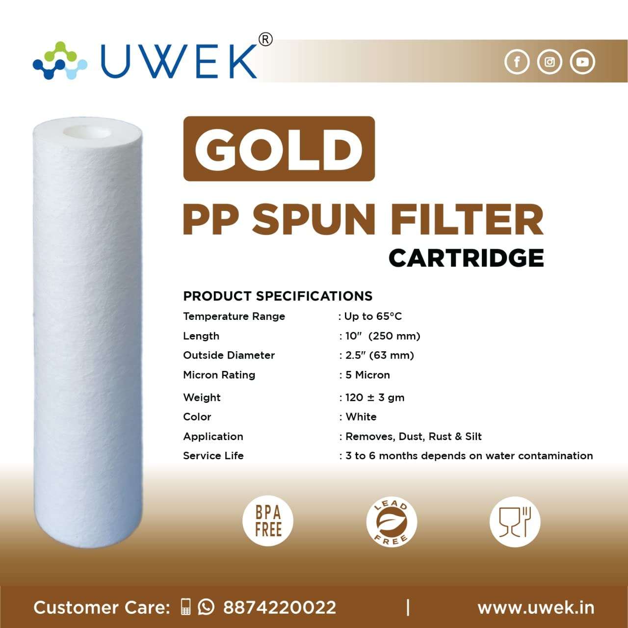 UWEK 5 Micron 10" inch PP Spun pre Filter, Heavy Duty 120 gm with Spanner (6+1) Suitable for RO Water Purifier (Pack of 7 item) 3