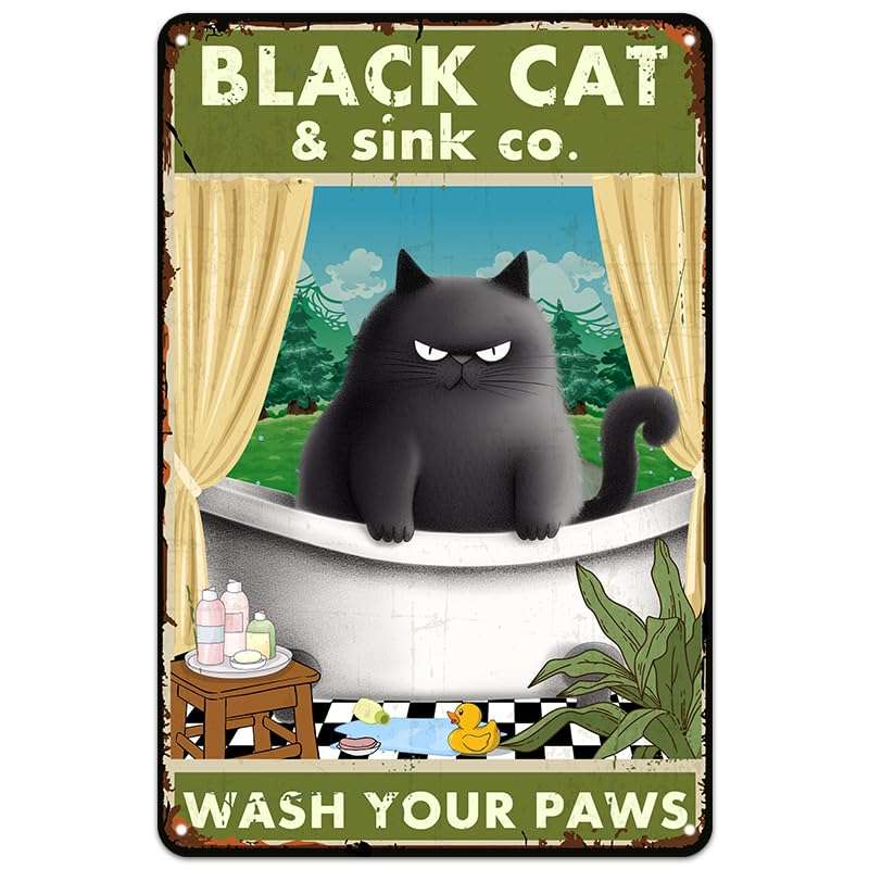 Retro Black Cat Metal Tin Signs Sink Wash Your Paws Plaque Wall Decor Vintage Funny Bathroom Signs Wall Art Accessories Gifts for Cat Lovers 12x8 Inches 1