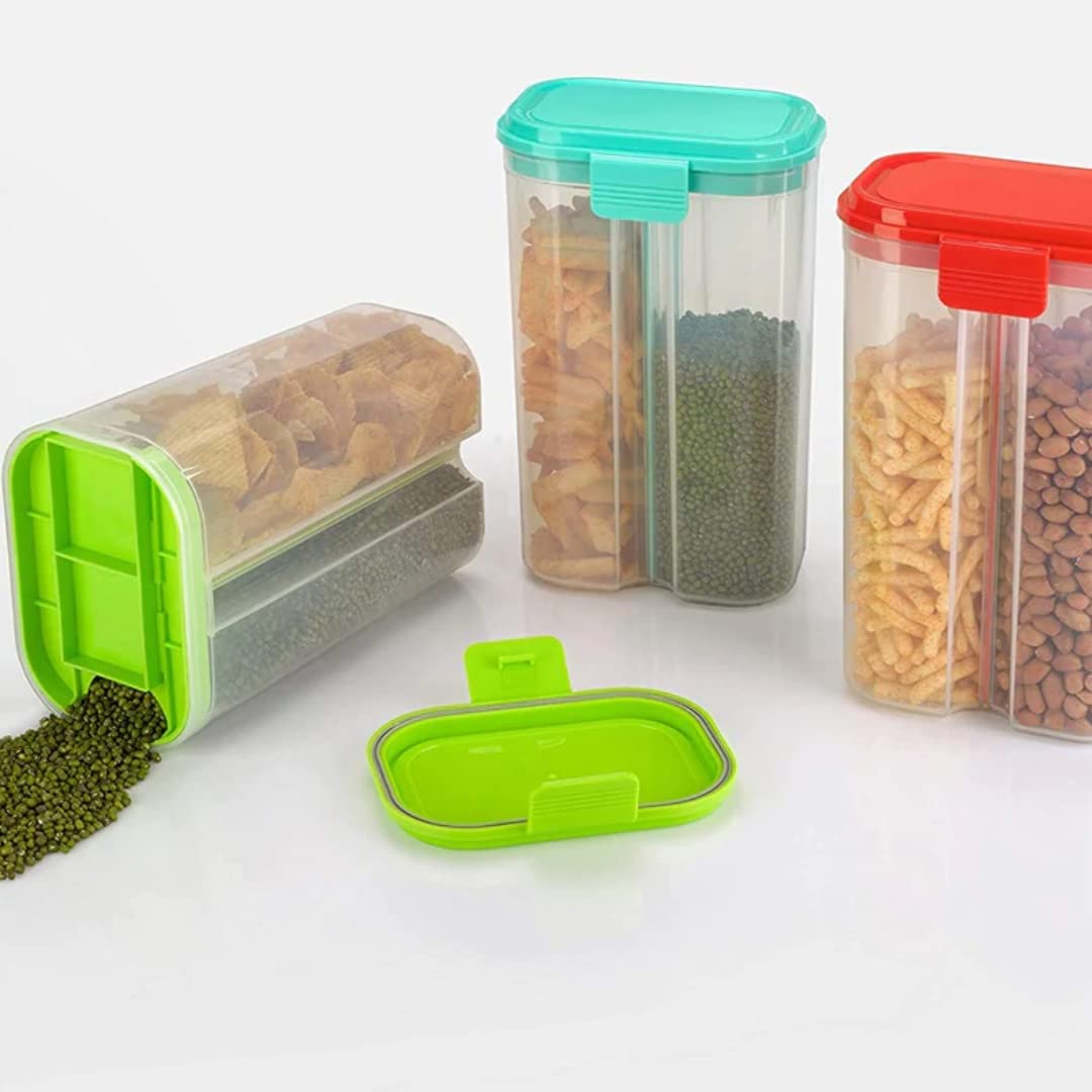 BullBear 2 Section Space Saver Air Tight, PET Transparent Plastic Container for Grocery, Flour, Snacks, Cereal, Grain Kitchen Storage Container(Multi)(Pack Of 1) 4