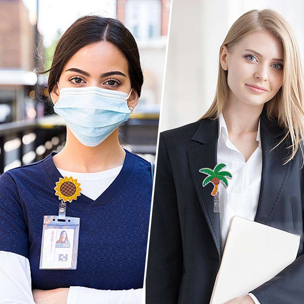 WEBEEDY 12 Styles Summer Beach Badge Reels Retractable Felt Nurse ID Badge Holder Cute Palm Tree Pineapple Watermelon Fruit Animals Name Holder with Clip for Teacher Doctor Office Holiday Decor Gift 5