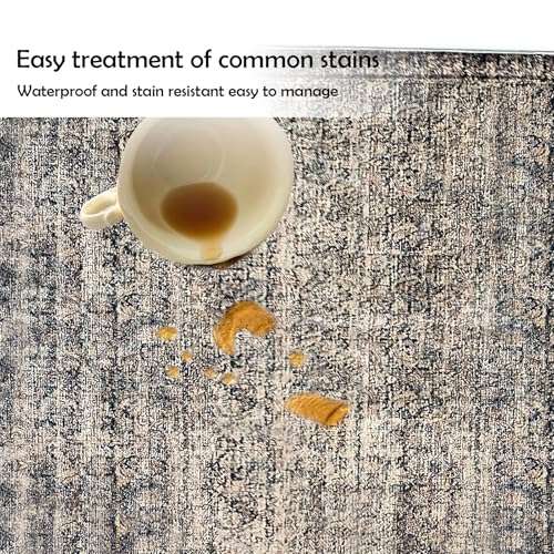 Throw Rugs with Rubber Backing Machine Washable Thin Area Rug 4x6 for Bedroom Living Room Indoor Distressed Waterproof Non-Slip Grey White Floral Print Carpet (C01, 4'x6') 3