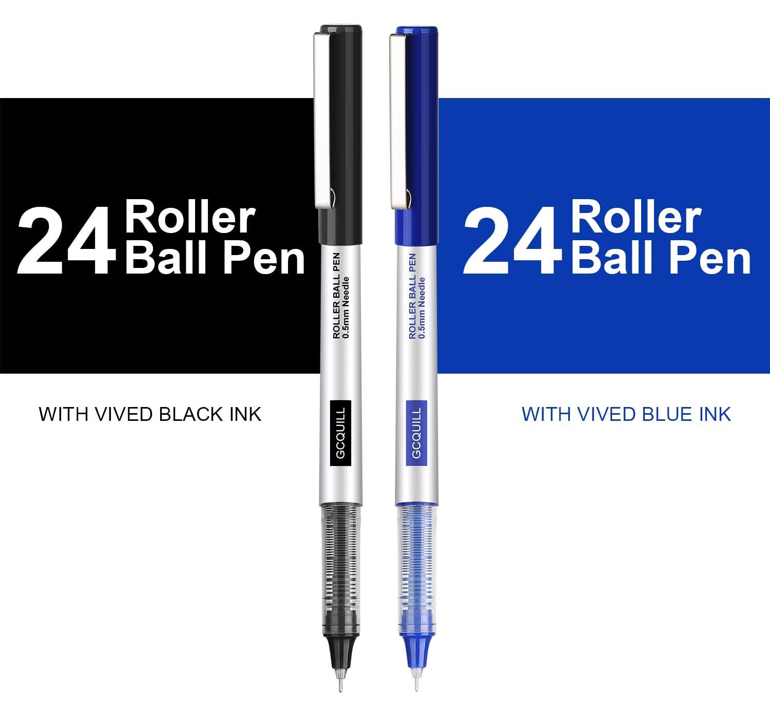 GC QUILL Rollerball Pens 0.5mm Needle Point Black Liquid Ink Pens 24 and Blue Liquid Ink Pens 24 for Bullet Journaling, Office Supplies for Writing, Taking Notes & Sketching BKL48 5