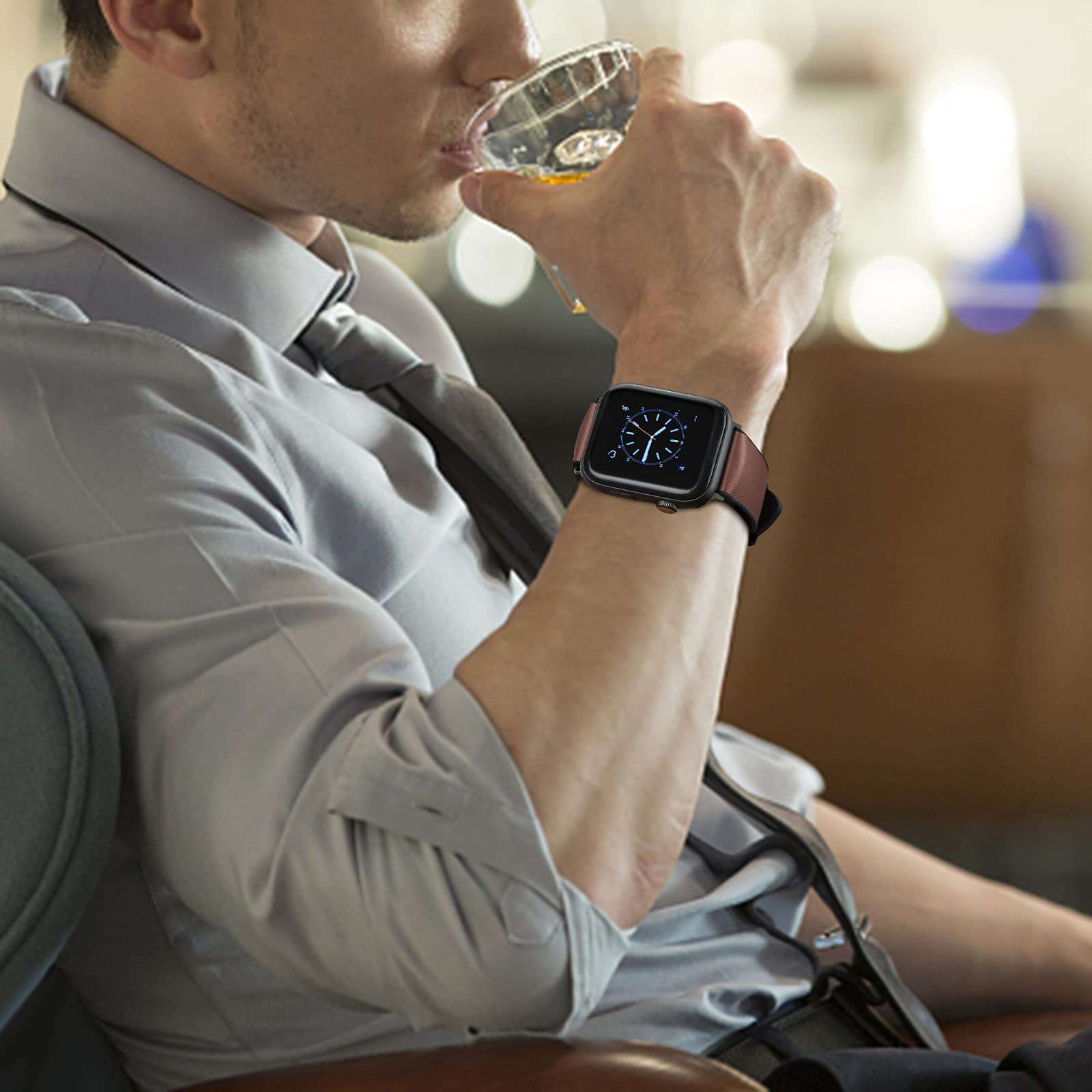 FITWORTH High End Hybrid Band Compatible with Apple Watch Band 42mm 44mm, Silicone + Genuine Leather, Simple, Neat & Sweat Resistant, Suit for Men's Business Casual & Light Sports (Chocolate, 42/44) 5